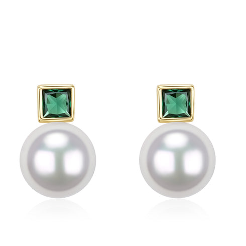 7-8mm White Akoya Green Zirconia Sasha Stud Earrings